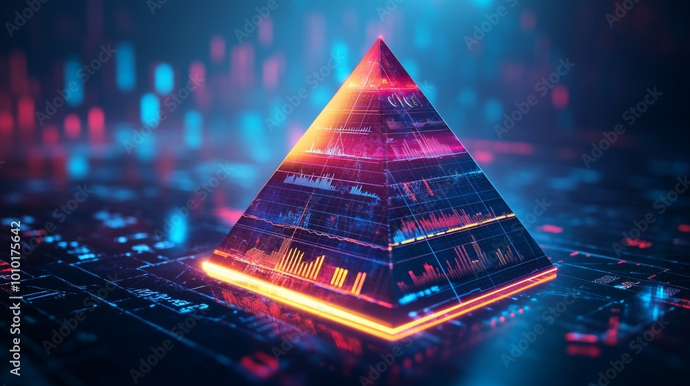 Poster futuristic neon pyramid with data visualization