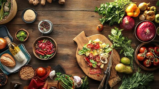 Rustic wooden table with a variety of fresh ingredients, including herbs, vegetables, and spices.