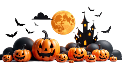 Halloween pumpkins and castle spooky in night of full moon and bast flying on transparent background