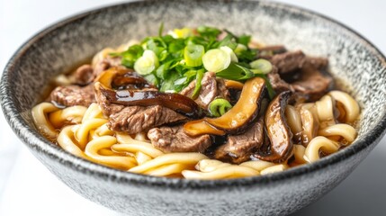 Fototapeta premium Delicious Beef Udon Noodles with Fresh Green Onions