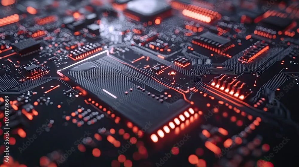 Poster illuminated circuit board with red leds and traces