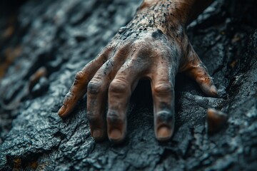 Close-up of a dirty hand reaching out, showing the texture and grime.