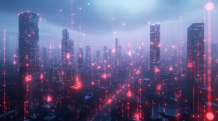 Fototapeta premium Futuristic Cityscape with Neon Lights and Digital Connections