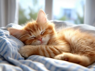 Cute Orange Kitten Curled Up on a Cozy Bed
