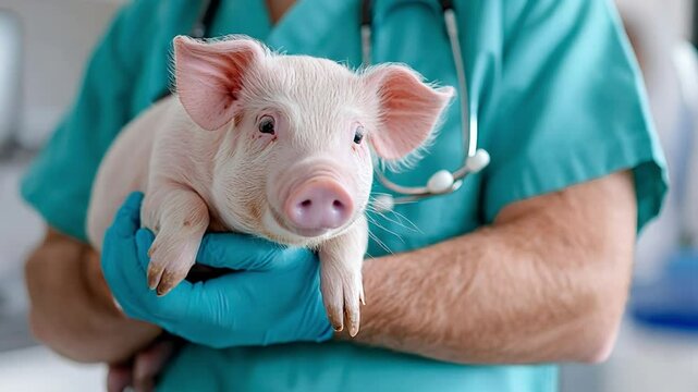 Veterinarian holding a small piglet, wearing blue gloves, with a stethoscope around his neck.