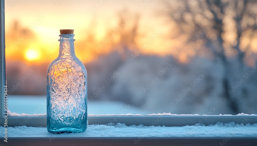 Poster frosted glass bottle with intricate ice patterns on snowy windowsill