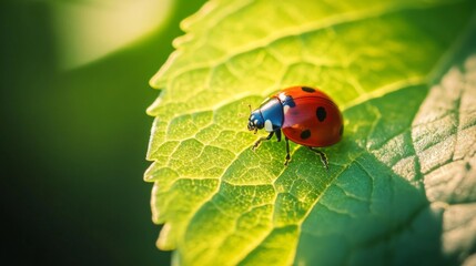 Fototapeta premium Bright Ladybug on Green Leaf in Natural Setting