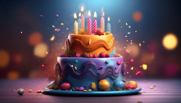 A colorful birthday cake with candles, surrounded by festive decorations and confetti, creating a joyful celebration atmosphere.