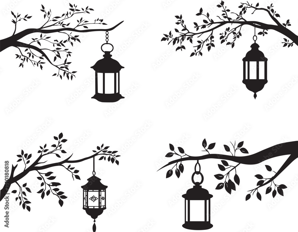 Fototapete Silhouette of a lantern hanging from a tree branch. Lantern vector icon