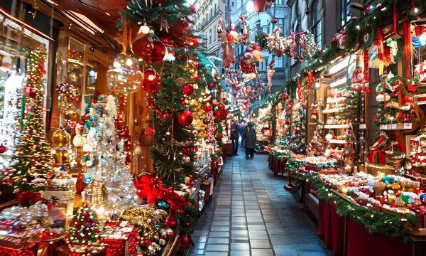Christmas market in the city, rows of festive shops with Christmas goods and garlands