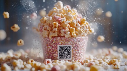 A close-up of a popcorn cup with a QR code on the side. Popcorn is spilling out of the cup and floating in the air.