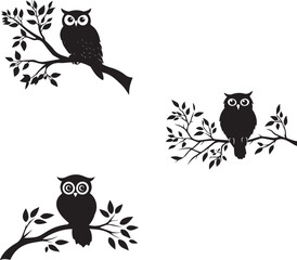 Silhouette of an owl sitting on a tree branch, set of owls vector silhouettes