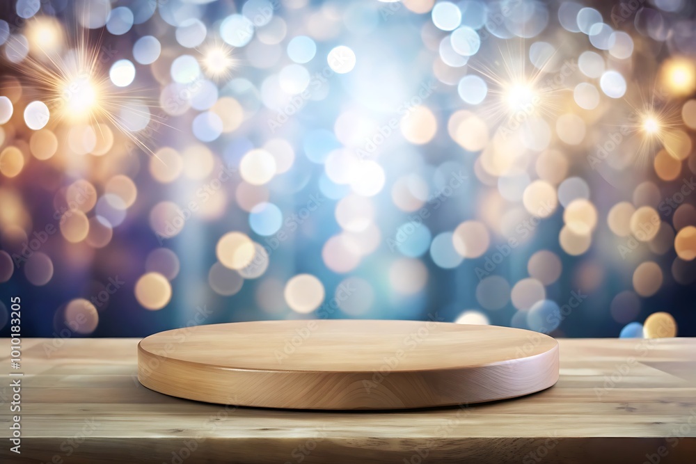 Poster elegant wooden display platform with bokeh background