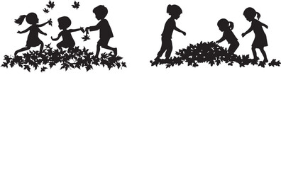 Silhouette of children playing in a pile of leaves, children playing in the park vector