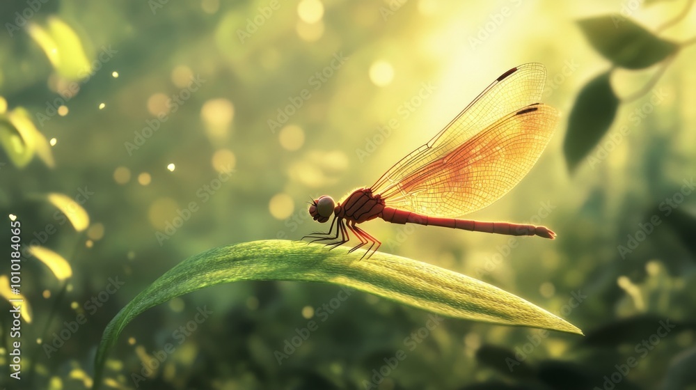 Poster dragonfly resting on leaf in natural setting