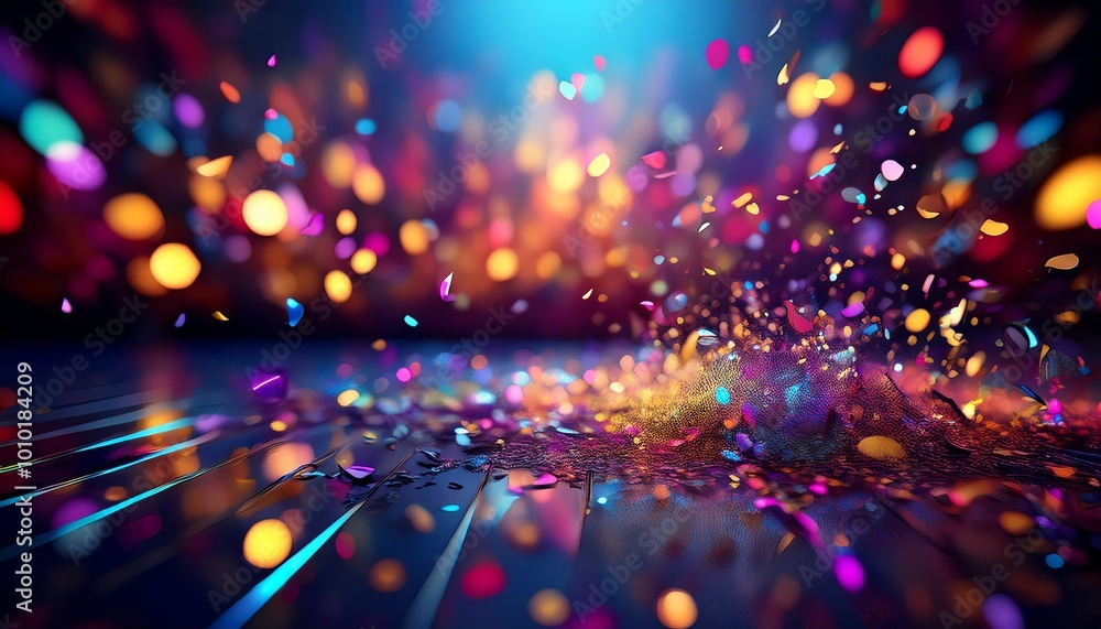 Poster a vibrant abstract image filled with colorful lights and particles, creating a dynamic and festive a
