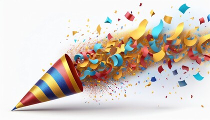 Obraz premium A vibrant party horn bursts with colorful confetti and streamers, symbolizing celebration and joy.