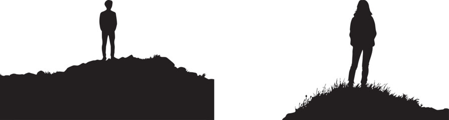 Obraz premium Silhouette of a person standing on a hill overlooking a sunset