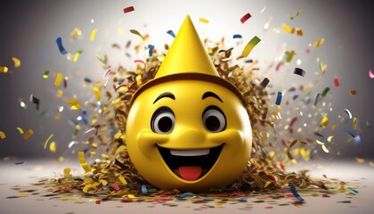 A cheerful yellow emoji-like character surrounded by colorful confetti and streamers, exuding a festive and joyful atmosphere.