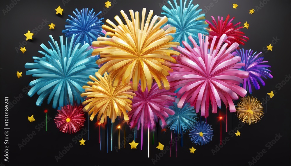 Poster a vibrant display of colorful fireworks in various shapes and sizes against a dark background, creat