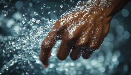 Fototapeta premium Closeup of a hand emerging from water with splashes.