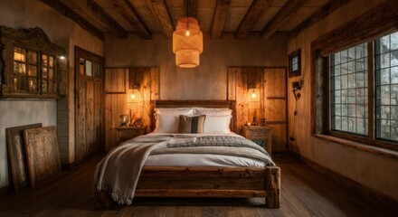 Cozy Wooden Cabin Bedroom with Warm Lighting and Rustic Decor