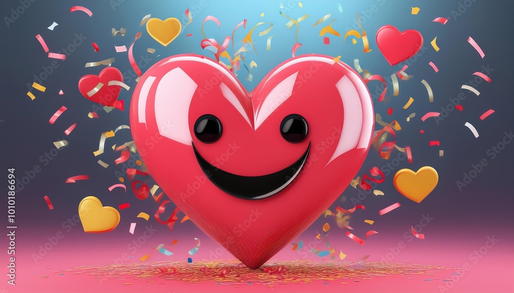 Poster a cheerful heart with a smile surrounded by colorful confetti, creating a joyful and festive atmosph