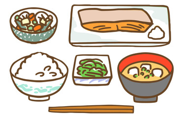 焼き魚、煮物、おひたし、味噌汁、ご飯の日本食セットのベクターイラスト