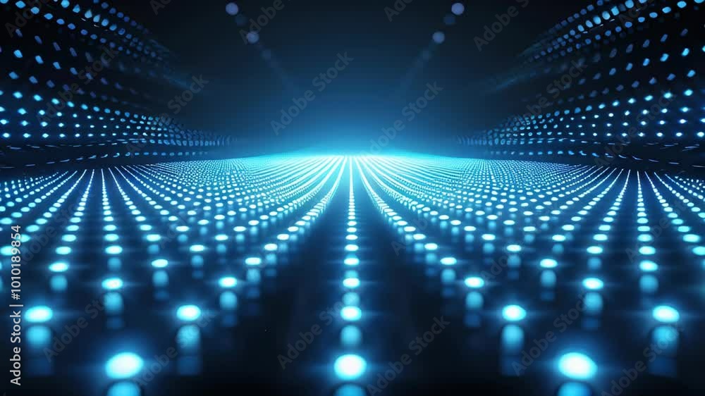 Poster a mesmerizing tunnel of blue light dots creating a futuristic and immersive visual effect, symbolizi