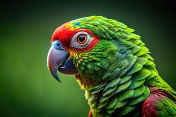 Fototapeta premium Extreme close-up of a green parrot with colorful feathers and leaves on a dark green background