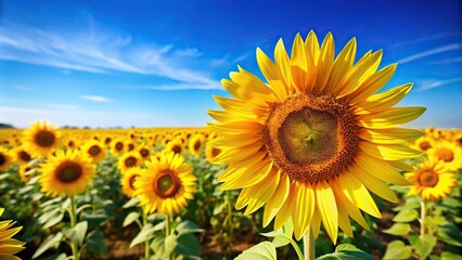 Fototapeta premium Extreme close-up of a sunflower field farm with bright yellow flowers against a blue sky