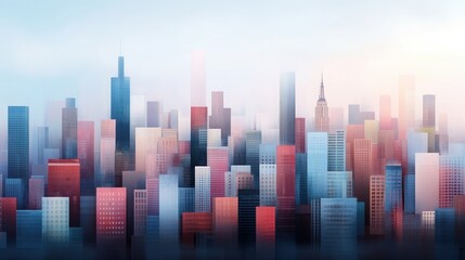 Fototapeta premium Abstract city skyline with colorful buildings and a dreamy atmosphere.