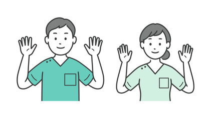 両手を上げる歯科医または介護士男女の上半身イラスト
