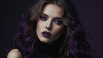 Fototapeta premium Woman with shoulder-length purple and black hair, dark lipstick, and sleeveless top
