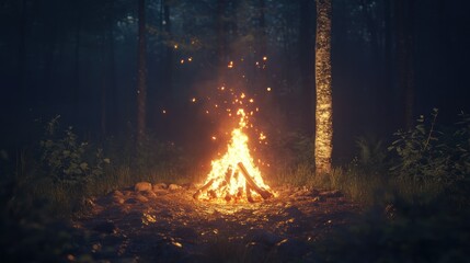 A Campfire Blazes Brightly in the Dark Forest