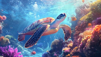 Fototapeta premium Colorful Turtle Swimming Through Coral Reef