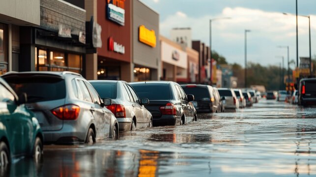 Cars parked along a flooded street after a heavy rainstorm.