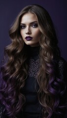 Fototapeta premium Woman with purple and black hair, dark makeup, and lace outfit in fashion portrait