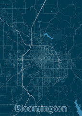 Obraz premium Map of Bloomington, featuring a network of roads and streets against a dark blue background. The map highlights the city's layout, including major thoroughfares, smaller roads, and bodies of water.