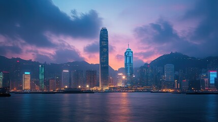 Obraz premium Hong Kong Skyline with a Purple Sunset and Calm Waters