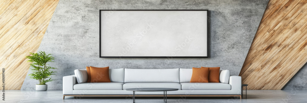 Sticker Modern living room with a white sofa and a large framed canvas.