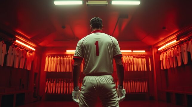 a cricket batsman in the locker room, mentally preparing for a crucial match. - Powered by Adobe