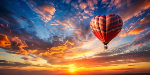 Fototapeta premium A vibrant hot air balloon floats gracefully amidst a breathtaking sunset, its colorful canopy a stark contrast against the fiery hues of the sky.