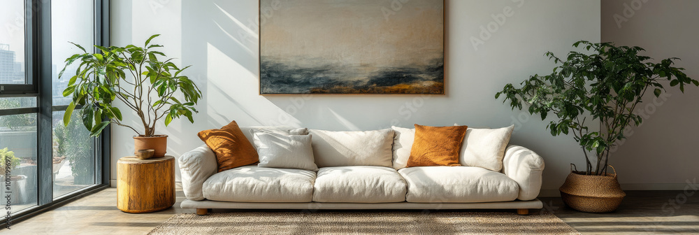 Poster A white couch with orange pillows and a painting on the wall in a bright living room.