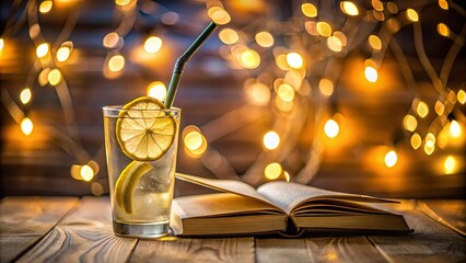 A glass of citrus refreshment with a straw, a book, and a backdrop of soft, warm lights.