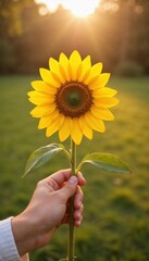 Fototapeta premium Person holding a bright sunflower with sunlight in the background at sunset 