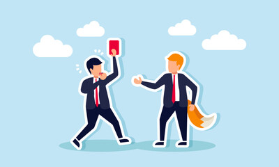 A businessman as a referee shows a red card to another businessman dressed as a fox, illustration of a cunning business violation leading to punishment from authorities.