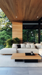 Fototapeta premium Modern patio with a white sectional sofa and a wooden coffee table
