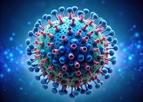 A 3D illustration of the human immunodeficiency virus, a spherical shape with spikes, floating in a blue background, highlighting its complex structure and function.