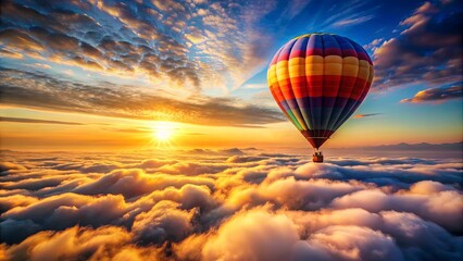 Obraz premium A colorful hot air balloon soars through a breathtaking sunrise, casting golden hues upon a sea of fluffy clouds.